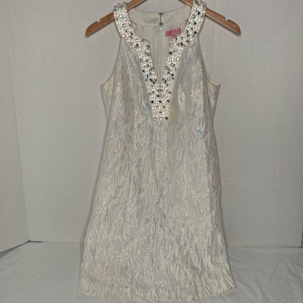 Lilly Pulitzer White V-neck Halter Shimmer Shiny Sparkle Dress Lined minor flaws